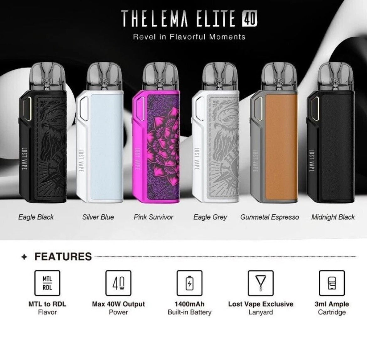 Lost Vape Thelema Elite 40 Pod Kit 1400mAh Or Pods Available 0.3 , 0.6 Xl