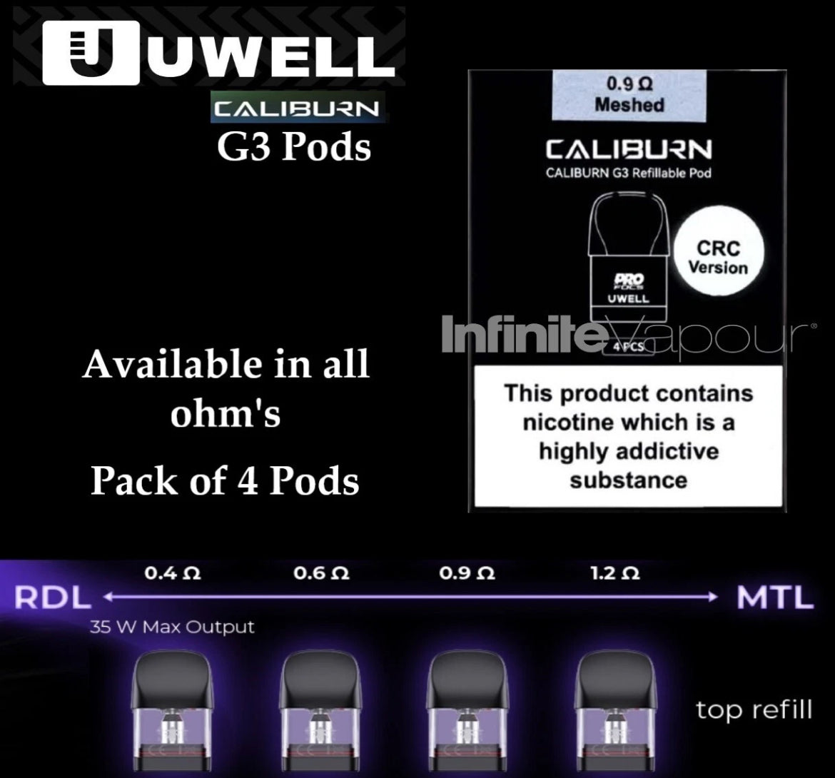 UWELL Caliburn G3, G3 PRO, & G4 Pods 0.4Ω 0.6Ω 0.9Ω 1.2Ω Pack of 4 - 2ml