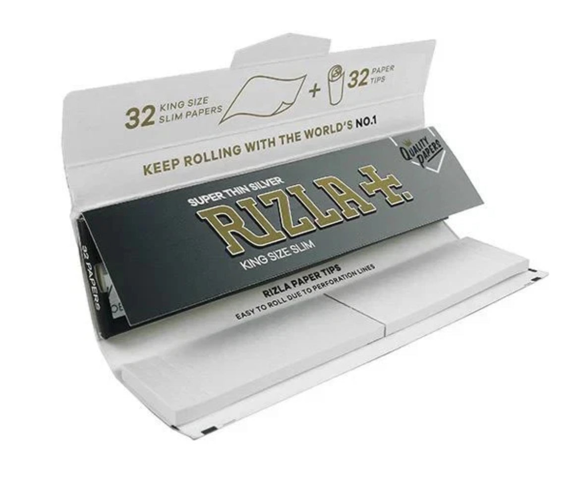 RIZLA Silver Combo Connoisseur King Size Slim Smoking Rolling Paper & Roach Tips