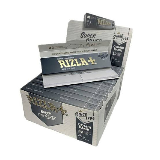 RIZLA Silver Combo Connoisseur King Size Slim Smoking Rolling Paper & Roach Tips
